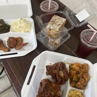 2 piece w/ collard greens, mashed potatoes, sweet potatoes, and mac &amp; cheese (ig: @cravingswithcat)
