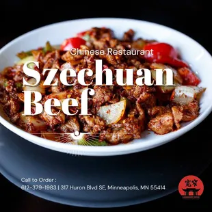 Experience a flavor explosion with our Szechuan Beef! 

 Tender strips of beef are wok-tossed in a spicy Szechuan sauce.