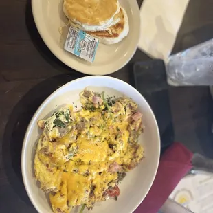 My son&apos;s breakfast bowl came along with a biscuit.