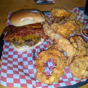 Bacon cheese burger with fresh homemade onion rings!