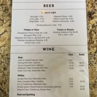 Beer &amp; Wine Menu