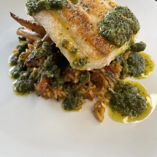 Pan Seared Mahi Mahi with Spanish rice and Chimichurri