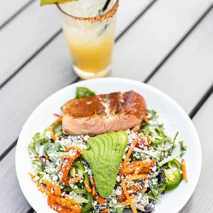 a plate of food and a drink