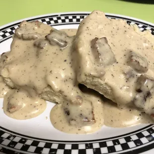 a plate of biscuits and gravy