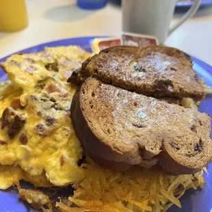 All meat omelette with half order hash brown and raisin toast