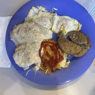 Biscuits and gravy, very good, Eggs, 1/4 order hash browns and sausage!