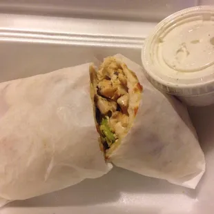 Overpriced grilled chicken pita. Had to pay for ranch