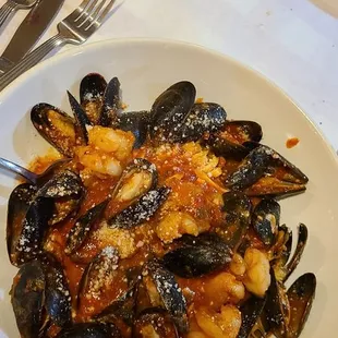 Mussels and shrimp with marinara over linguine