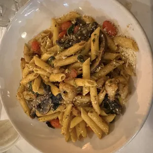 Blackened shrimp penne. Fire