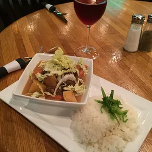 Filipino Braised Beef (soy, coconut milk, sherry vinegar) with Cabbage, Carrot, Potato, and Garlic. Served with rice.