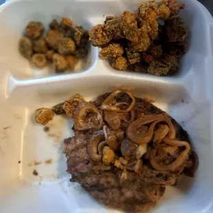 Steak overdone,  plus no gravy, okra burnt.