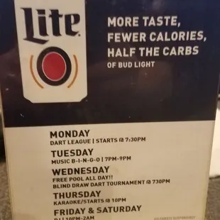 Dart league, music, karaoke and DJ schedule