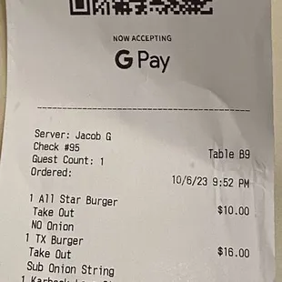 the receipt for the restaurant