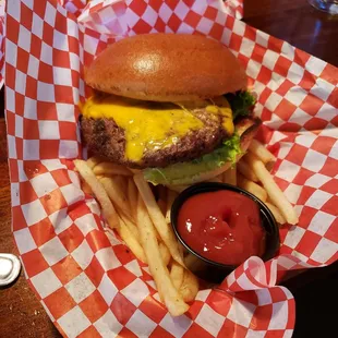 Happy hour cheeseburger and fries