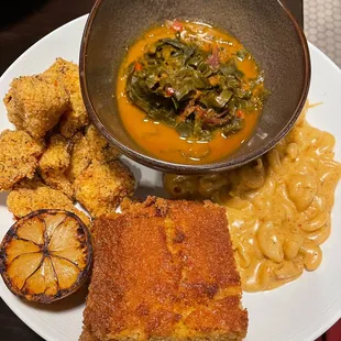 Catfish, Cornbread, Greens, and Mac