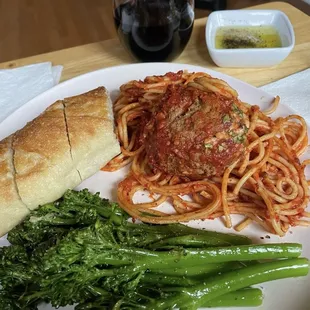 Spaghetti with Veal Meatballs, Garlic Broccolini, and Bread Oil &amp; Cheese