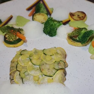 Halibut with zucchini scales