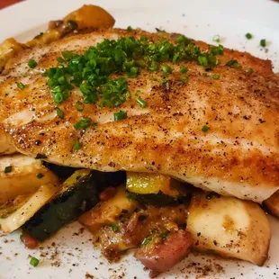 Flounder w/ Surry sausage &amp; Winter Squash.