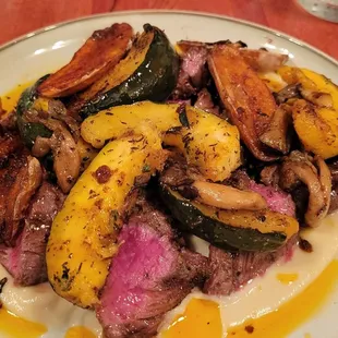 Butcher steak and winter vegetables with calabrian chili butter