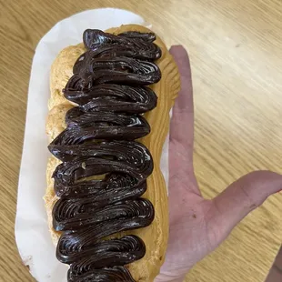 a hand holding a chocolate covered donut