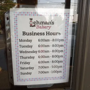 Bakery hours slightly different from deli hours.