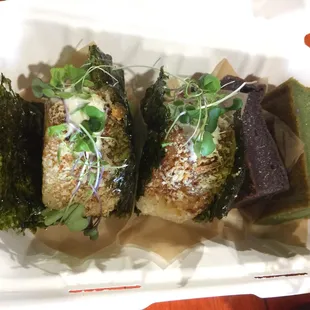 Rad Crab musubi x2; ube butter mochi; pandan butter mochi.