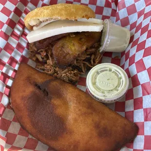 Pabellon arepa and empanada