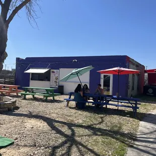 two people sitting at a picnic table
