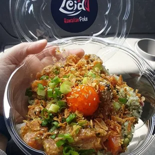 Lei&apos;d salmon and sweet maui onion salmon on garlic edamame rice