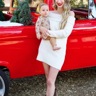 holiday photo with a vintage red truck