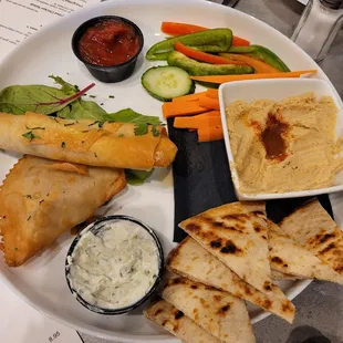 Partially eaten appetizer sample platter.  It was a LOT of food and all delicious.