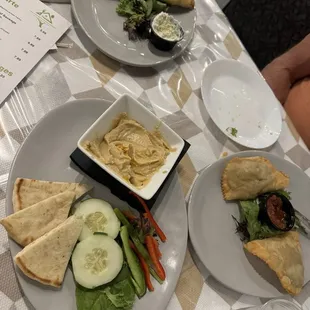 Hummus, cheese pastry and beef turnover...don&apos;t remember official names