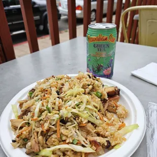 Chicken teriyaki fried rice and canned Hawaii Sun green tea.