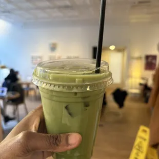 Iced Matcha with seasonal raspberry syrup. The raspberry was a special flavour for Valentine's Day season -- 21 Feb. 2025