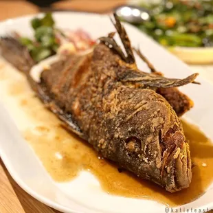 Whole fried sea bass
