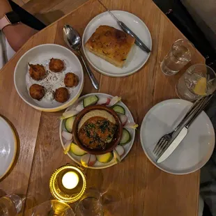 Smoked Pollock fritters Focaccia  Market crudites
