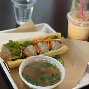 Banh Mi - meatball with Chicken Cup of Pho Soup - Chicken (gf)