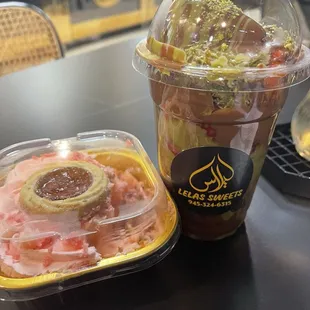 Dubai chocolate strawberry cup and strawberry tres leches cake