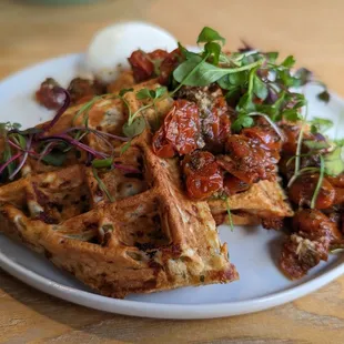 Gruyère Waffles with Sun-dried Tomatoes and Soft Egg