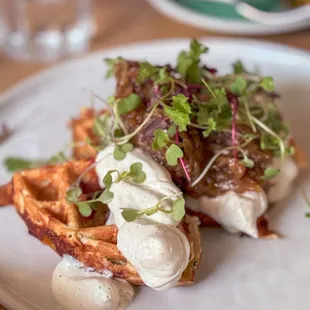 Gruyere Waffles with Goat Cheese Mousse and Onion Marmalade