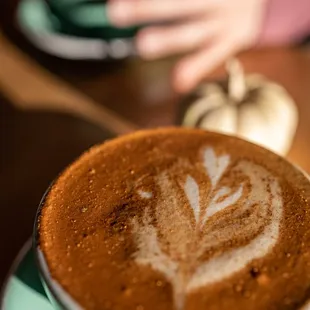 Seasonal Spicy Pumpkin Latte w/ added shot  ($6.50 + 50¢/oat milk)