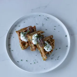 Gruyere Waffles with Goat Cheese Mousse and Onion Marmalade