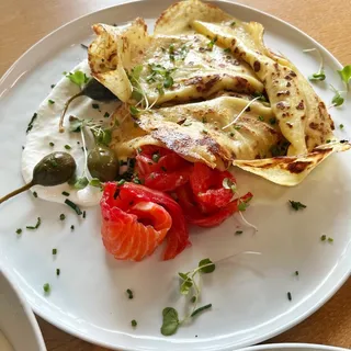 Crepe with Salted Salmon and Caper Berries