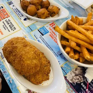 Crab cakes, Cajun fries, hush puppies