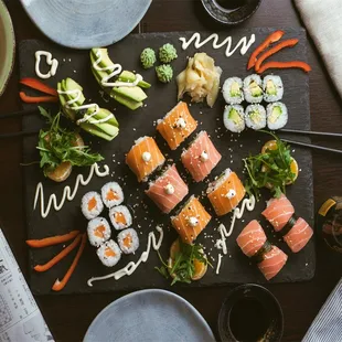 a sushi platter on a table