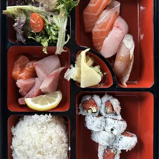 3 item dinner bento box with sushi, spicy tuna, and sashimi. Miso soup was provided before my entree.
