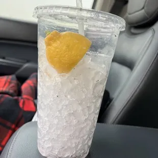 Overpriced Cupful of Ice water with lemon garnish midwinter with 50 degree weather.