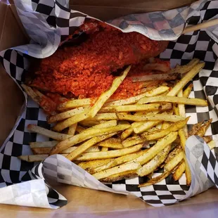 Corn dog and fries