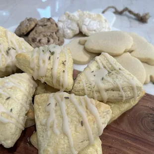 Scones, lemon cookies, chocolate chip cookies, sugar cookies