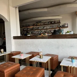 tables and stools in a restaurant